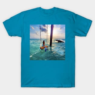 Mermaid on a Swing in the Ocean with Whale Breaching T-Shirt